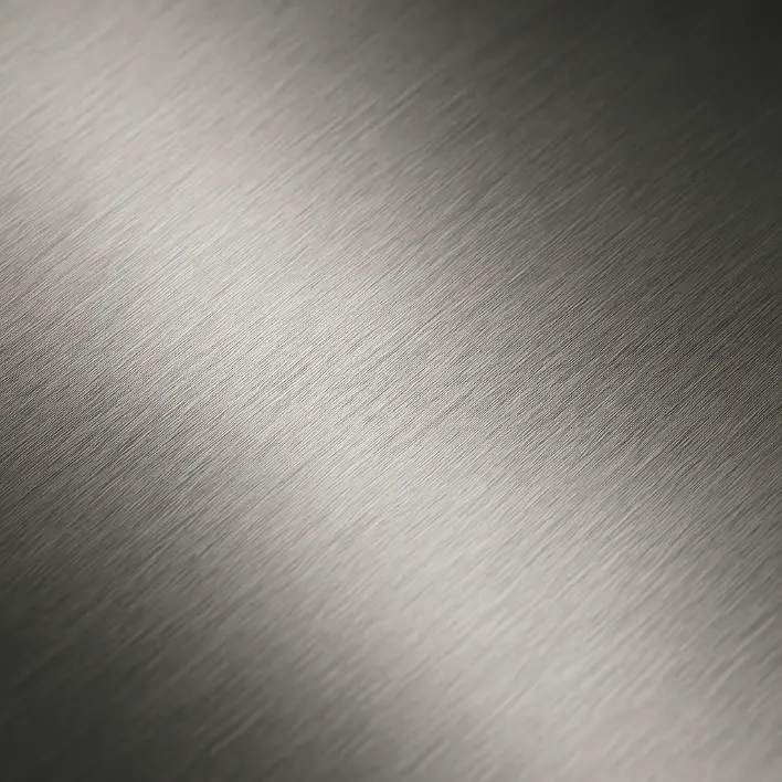 Extreme close-up of brushed stainless steel surface showing fine grain lines and reflective metallic sheen, emphasizing clean texture and industrial finish.