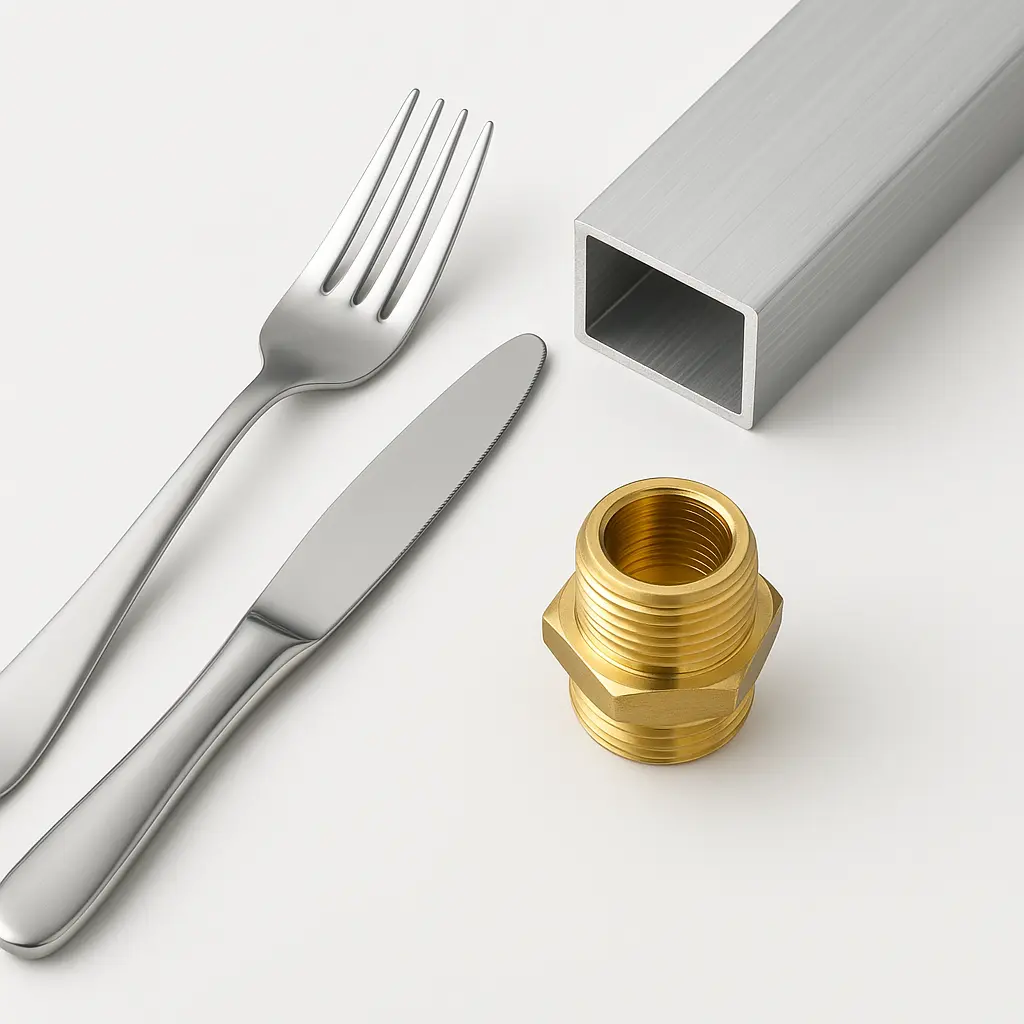 Clean studio image featuring stainless steel cutlery, a brushed aluminum extrusion profile, and a polished brass plumbing fitting arranged aesthetically on a white background.